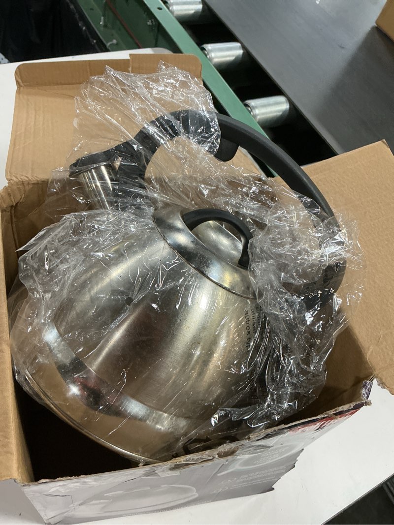 Condition photo showing As Is for mr. coffee flintshire 1.75-quart stainless steel whistling tea kettle – brushed satin finish stove-top kettle for boiling water 1.8 quarts brushed satin