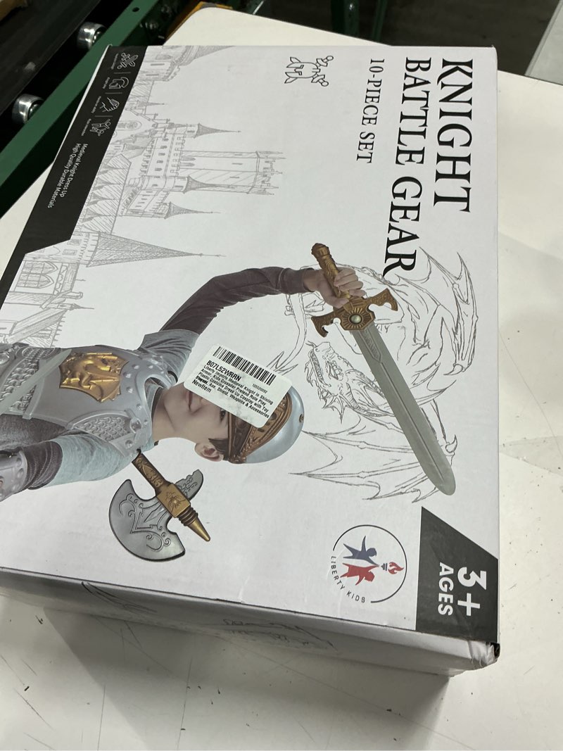Condition photo showing New/Like New for Liberty Imports Medieval Knight in Shining Armor, Kids Crusader Pretend Role Play Plastic Costume Dress Up Cosplay with Toy Swords, Axe, Shield, Weapons & Accessories Playset