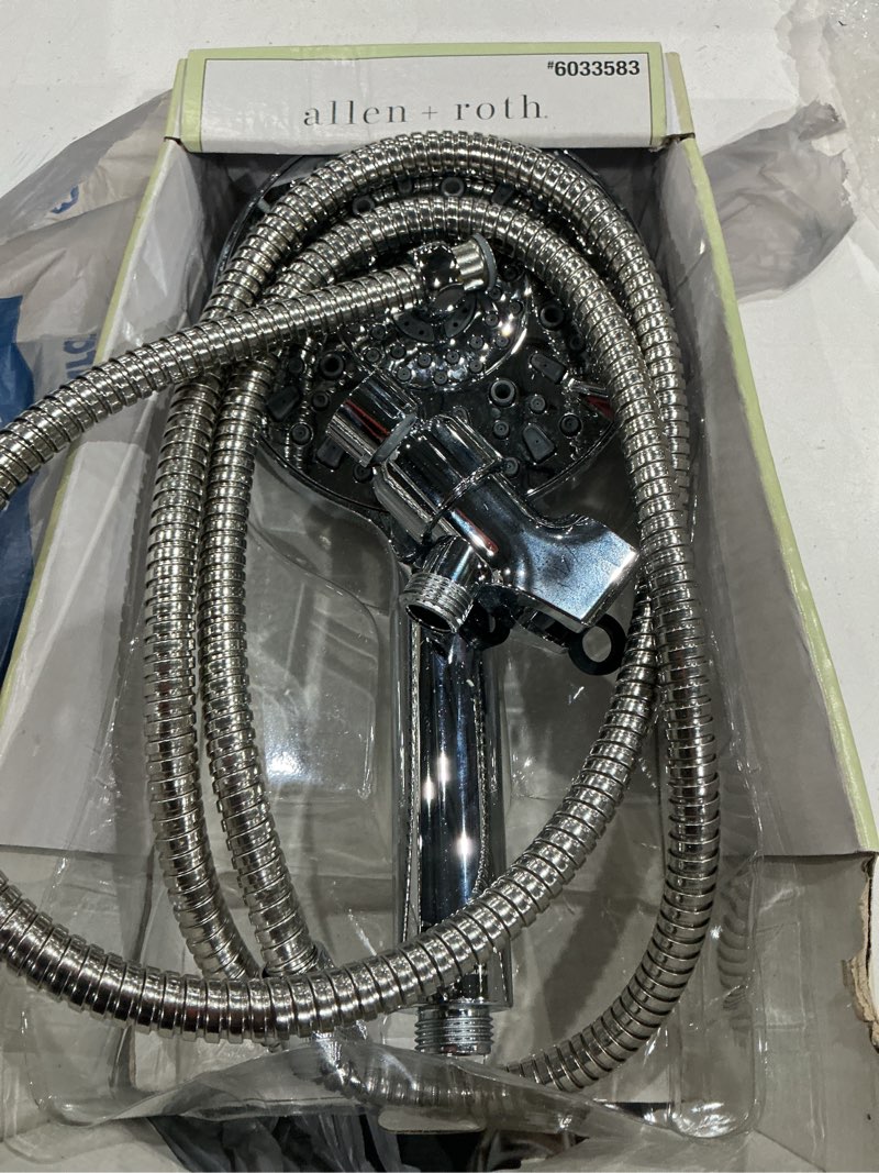 Condition photo showing As Is for allen + roth kensley 9 -spray chrome 5.9-in round filtered handheld shower head 1.8 gpm