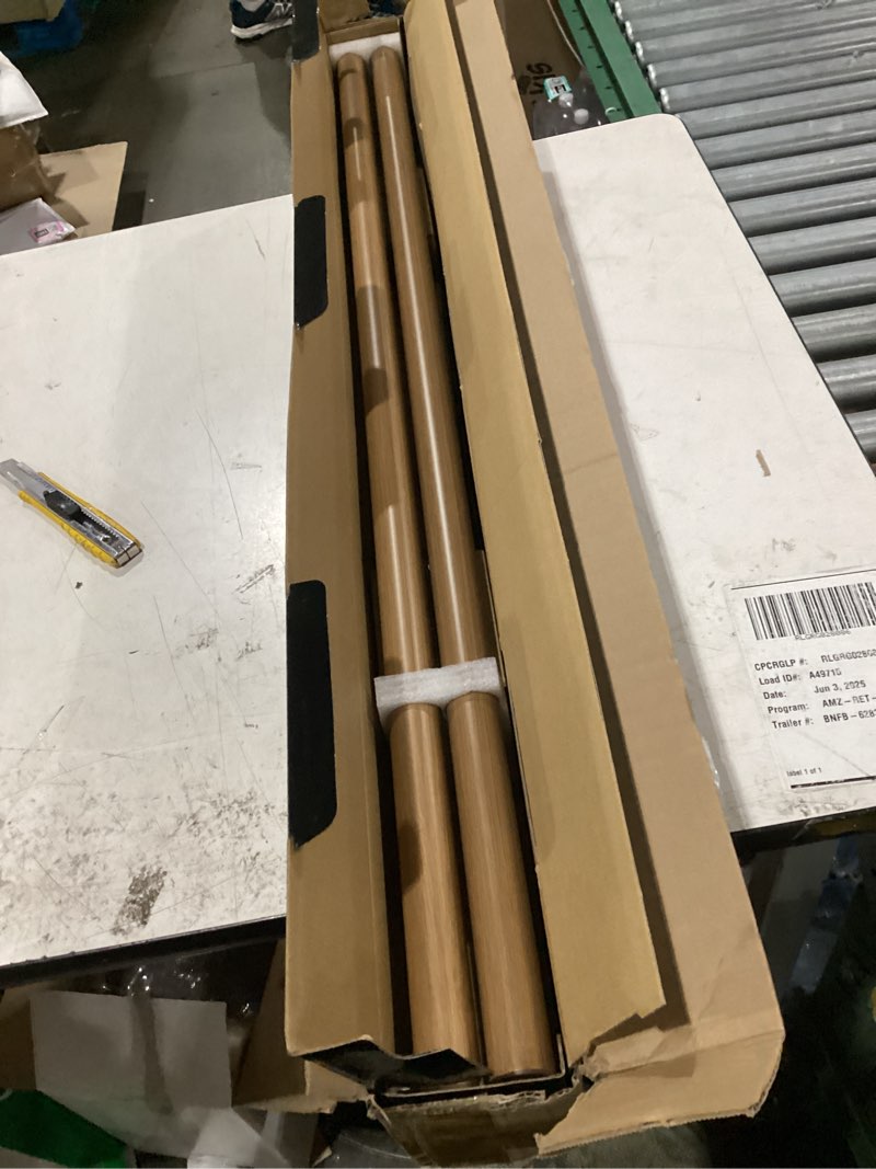 Condition photo showing New/Like New for 1-1/8 inch diameter faux wood curtain rod with wood grain finials, 72-144 inch telescoping single curtain rods for window width 68-140 inch, 1 pack 72-144'' chestnut color