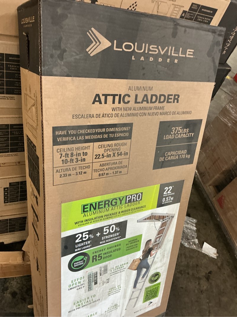 Condition photo showing New/Like New for louisville ladder energy efficient 7 ft. 8 in. to 10 ft. 3 in., 22.5 in. x 54 in. insulated aluminum attic ladder, 375 lbs. load capacity