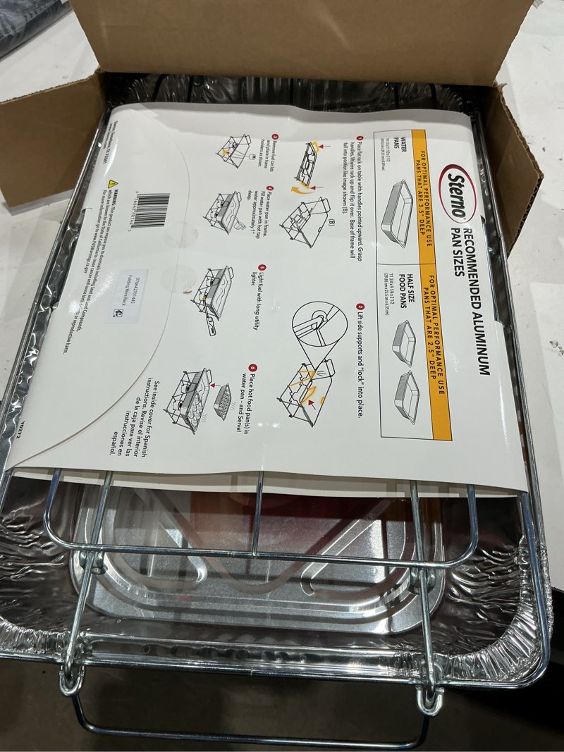 Condition photo showing Good Condition for sterno catering-to-go chafing dish kit, 4 piece | wire rack, full-size water pan, 2 fuel cans, portable food warming for up to 2 hours