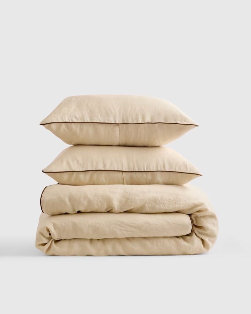 European Linen Piped Duvet Cover Set, Oat/Espresso,king