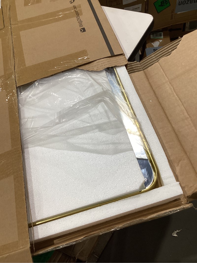 Condition photo showing As Is for Keonjinn 20 x 30 Inch Brushed Nickel Bathroom Mirrors for Over Sink, Rounded Rectangle Silver Bathroom Vanity Mirror, Farmhouse Mirror for Wall, HD Tempered Glass, Anti-Rust Aluminum Alloy Mirror Brushed Nickel 30"L x 20"W