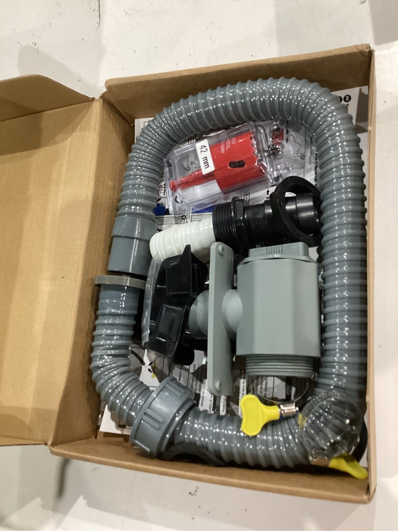 Condition photo showing As Is for rain barrel diverter kit, rainwater collection system with adjustable valve and hose, rain water diverter for downspout, downspout diverter fits for standard downspouts