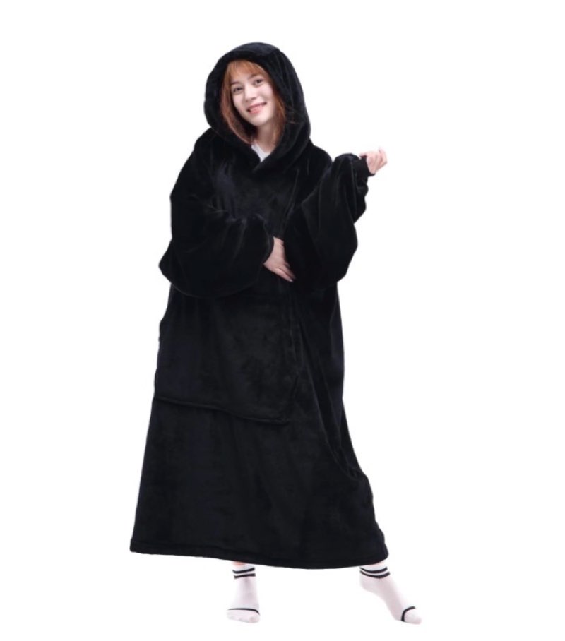 waitu wearable blanket sweatshirt gifts for women and men, warm and cozy giant blanket hoodie, thick flannel blanket with sleeves and giant pocket - black