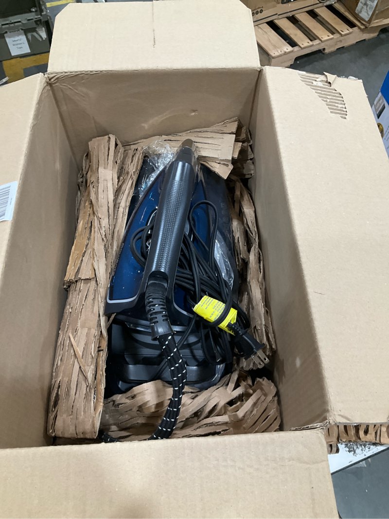 Condition photo showing As Is for rowenta steam station, stainless steel soleplate, professional iron steamer for clothes, 1.1l removable tank, fast heat up, 1800 watts, blue clothes iron, dg8624 xl steaming sessions - high pressure steam