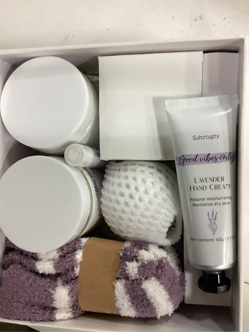 Condition photo showing Good Condition for spa gifts for women 13pcs mothers day gifts happy birthday gift baskets christmas relaxation home spa kit lavender bath set self care package thank you box for mom her sister teacher friends purple