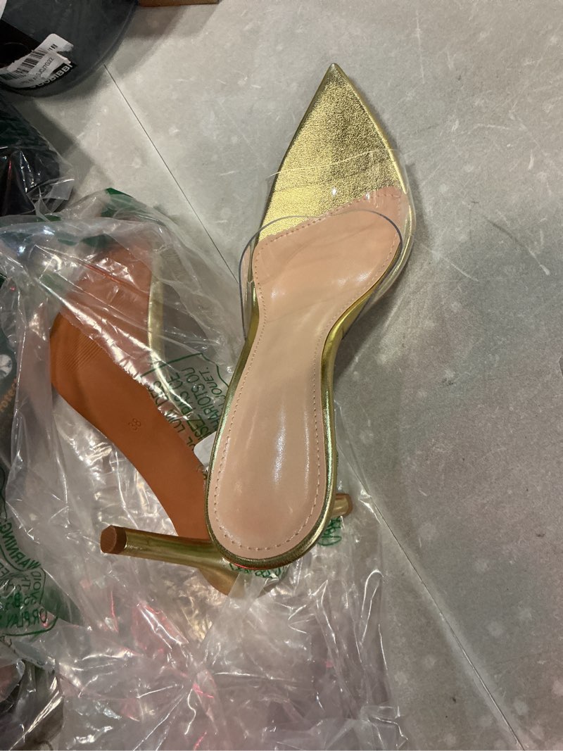 Condition photo showing Good Condition for women's clear pointed toe slingback stilettos heel sandals fashion sexy comfortable summer open toe backless slip on dress slides sandals for casual outdoor party work wedding 7 narrow gold