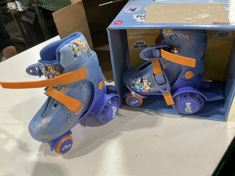 Condition photo showing New/Like New for kids trainer skates - light up wheels, abec 5 bearings, durable pvc material, foam shoe lining, perfect for active fun and adventures, us size 9-12 bluey
