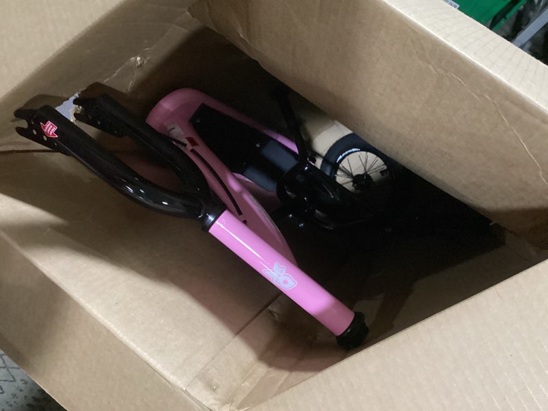Condition photo showing As Is for joystar kick scooter for kids 5+ teens & youth, lightweight kids scooter with adjustable handlebar, 2 wheel scooter for boys & girls, 12" inflatable wheels rear drum brakes pink