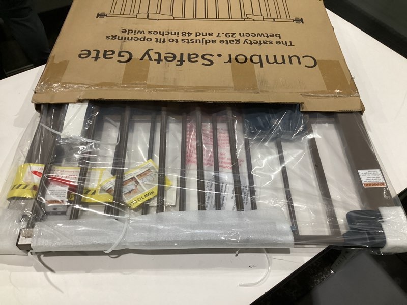 Condition photo showing Good Condition for Cumbor 29.7-48" Baby Gate for Stairs, Mom's Choice Awards Winner-Dog Gate for Doorways, Auto Close Safety Pet Gate for Dogs Indoor, Easy Install Pressure Mounted Child Gate with Walk Thru Door, Brown Brown 29.7-48"W x 30.5"H