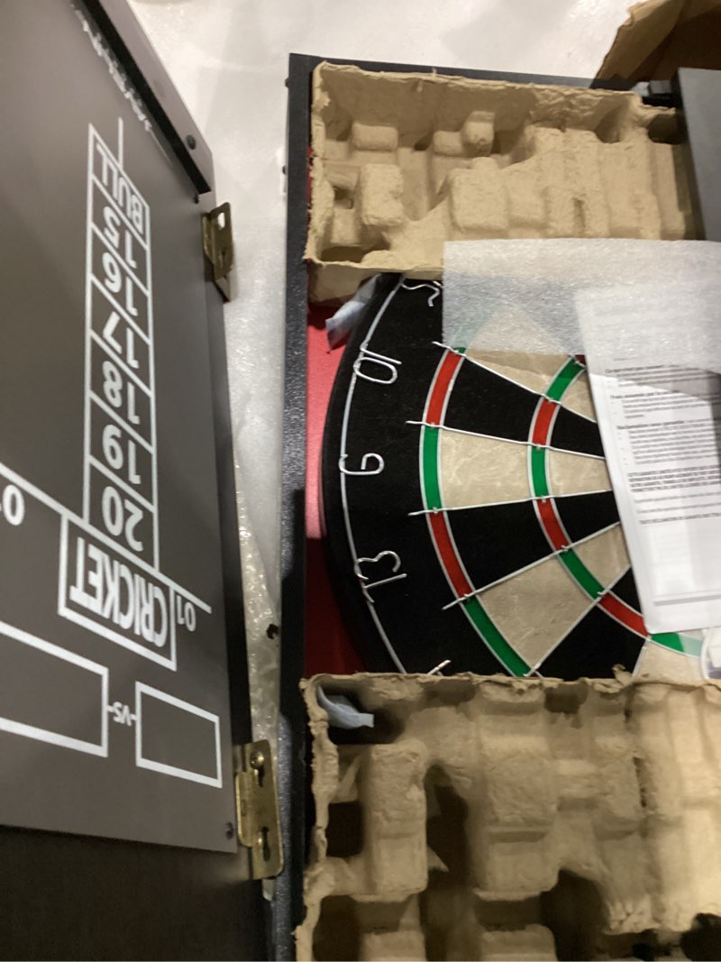 Condition photo showing As Is for EastPoint Sports Official Size Dart Board Cabinet Set- Easy-Assembly & Complete with 6 Deluxe Steel Tip Darts and Accessories -Premium Darts Set with Scoreboard for Bar Games & Indoor Games Black