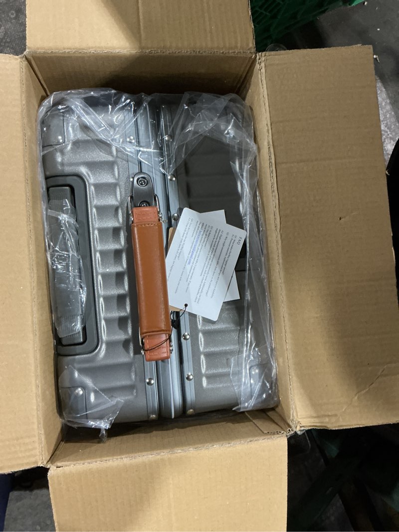 Condition photo showing As Is for 20 Inch Carry On Luggage with Leather Handle, PC Zipperless Suitcase with Spinner Wheels and TSA Locks, 22x14x9 Airline Approved Luggage for Travel, Grey Grey Carry on 20inch