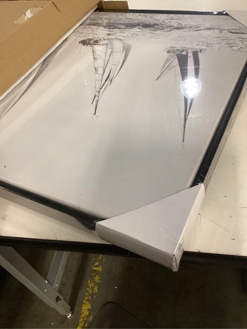 Condition photo showing New/Like New for iKNOW FOTO Framed Canvas Wall Art Black and White Sailboat Seascape Vintage Coastal Picture with Black Floater Frame Stretched Ready to Hang 20x40 Boats Wall Art for Living Room, Office, Home Decor