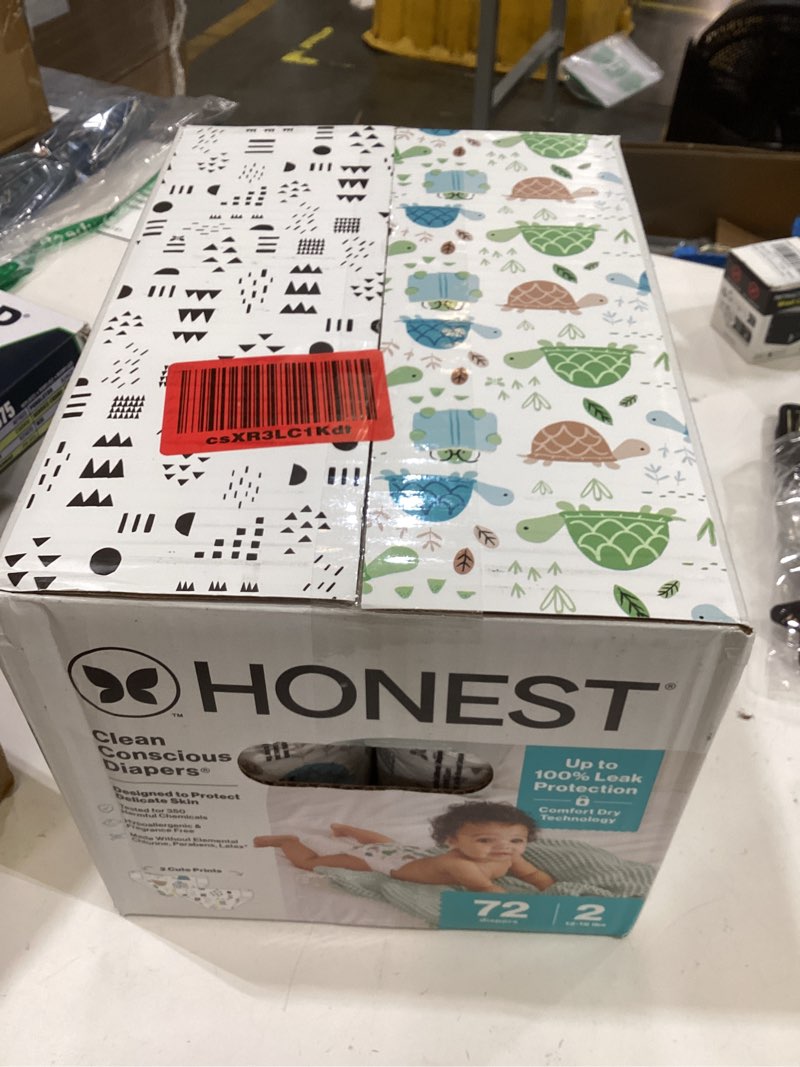Condition photo showing New/Like New for the honest company comfort dry disposable daytime diapers for sensitive skin, hypoallergenic, fragrance-free, turtle time + pattern play, club box size 2 (12-18 lbs), 72 count size 2 (72 count) turtle time + pattern play