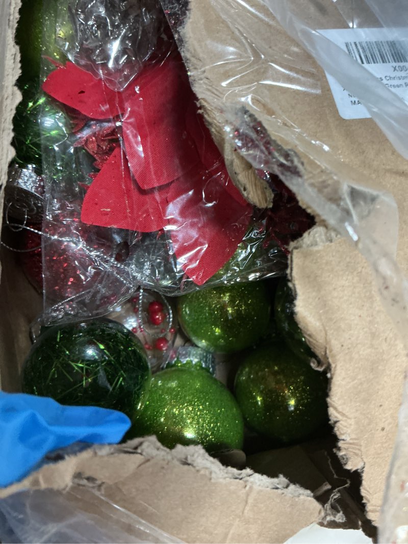 Condition photo showing Good Condition for Jenaai Green Red 74 Pcs Christmas Ball Ornaments Set Plastic Shatterproof Christmas Tree Decorations with Hanging Snowflakes Ribbons Artificial Poinsettia Flowers Tree Topper for Xmas Decor