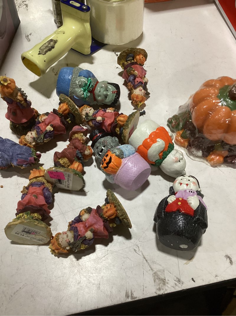 Condition photo showing Good Condition for assorted vintage halloween mini figures, includes handmade pumpkin candle