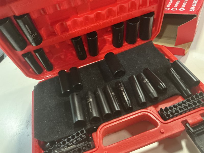 Condition photo showing New/Like New for 96-piece 3/8" drive impact socket wrench and bit set, sae 5/16”-3/4” & metric 8-22mm, cr-v standard & deep sockets, power bits, ratchet handle, universal joint, bit holder, adapters, spark plug socket 96-pcs?3/8" drive? new version