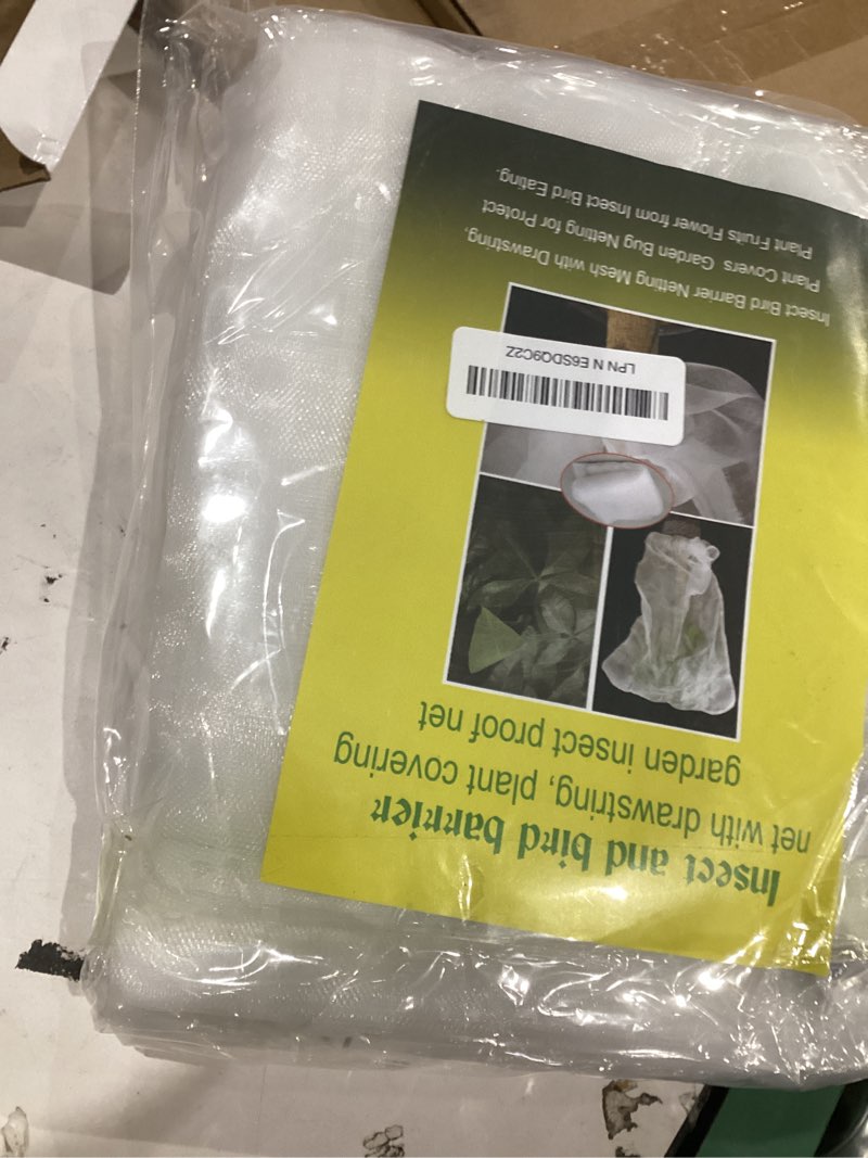Condition photo showing As Is for 4 pack garden mesh netting for plants 2.6x3.3ft - 3.3x4.9ft insect bird netting pest barrier bag with drawstring 2 size fruits tree blueberry bush netting cover bag protection for vegetables tomato 2.6x3.3ft + 3.3x4.9ft-4pack clear