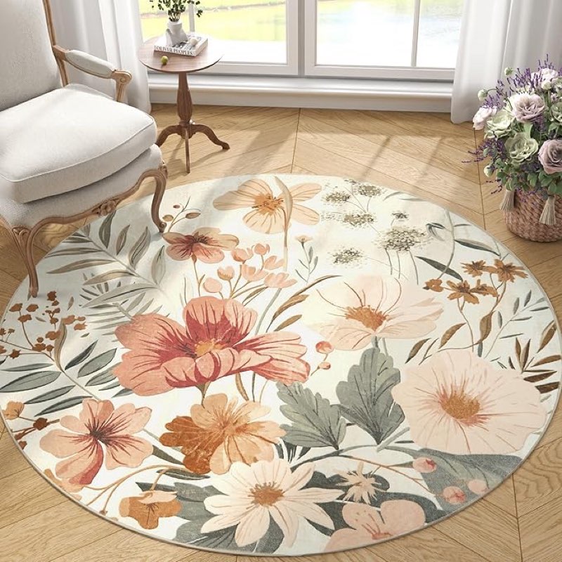 jinchan renouveau floral round rug 5ft area rug indoor circle 5' round washable modern oriental flower print non slip carpet for living room dining room bedroom entryway office decor pink/grey