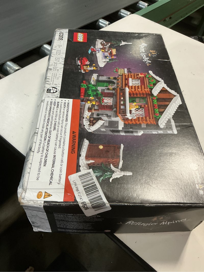 Condition photo showing New/Like New for LEGO Icons Alpine Lodge Model Building Set - Collectible DIY Kits for Adults, Ages 18+ - Log Cabin Kit for Winter Activities with Snowmobile and Minifigues - 10325