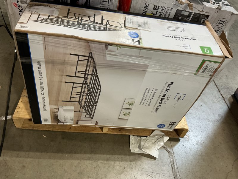 Condition photo showing As Is for mainstays 14" high quad fold steel platform bed frame, queen