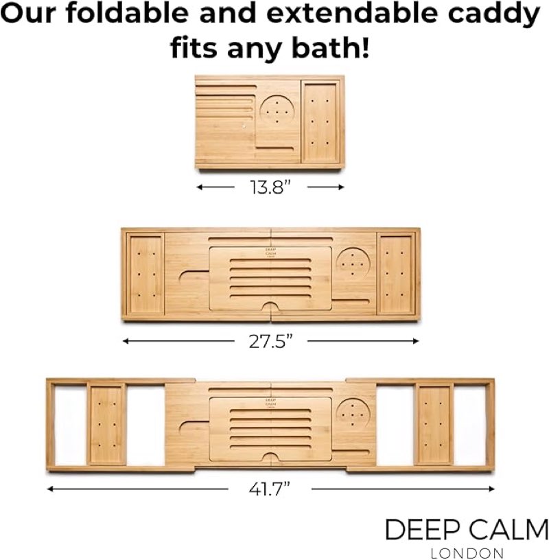 Deep Calm Bathtub Tray Caddy - Bamboo Foldable Bath Tub Table, Expandable Bath Tray Holds All Bathtub Accessories, Perfect Luxury Relaxing Gift for Self Care