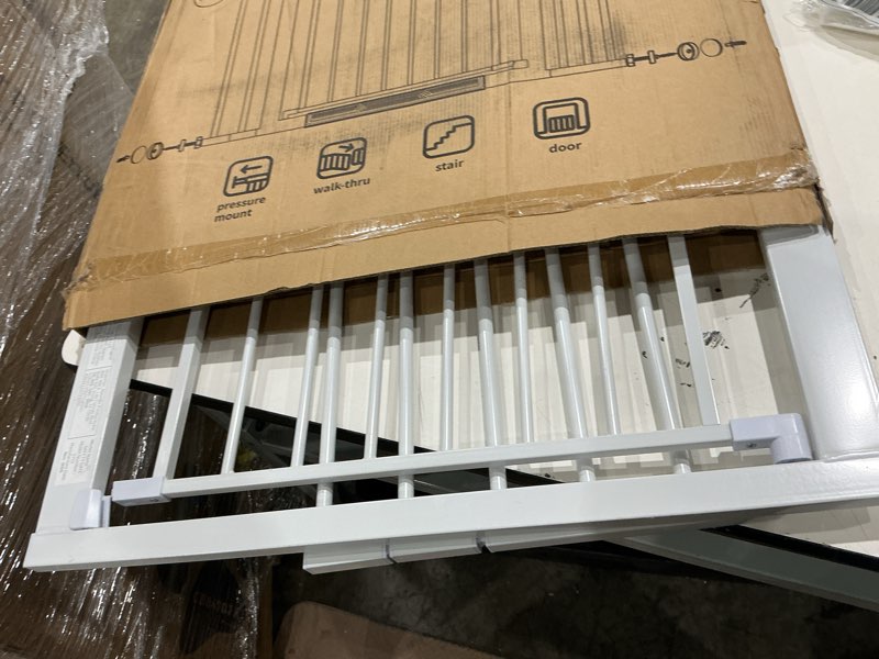 Condition photo showing As Is for cumbor 30-46" baby gate for stairs, auto close dog gate for doorways white | toddler safety essentials for the house, mom's choice awards winner-easy install pressure/hardware mounted pet gate for dogs