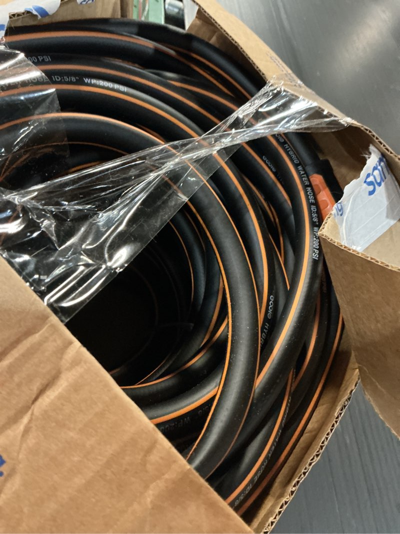 Condition photo showing As Is for garden hose 100 ft x 5/8", non-expanding flexible water hose, kink resistant lightweight hybrid hose-black orange 100ft black