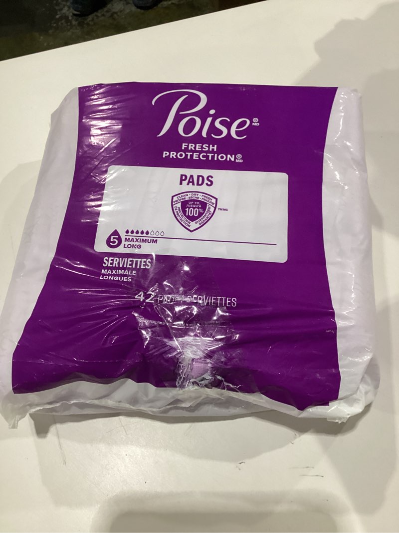 Condition photo showing New/Like New for poise incontinence & postpartum pads for bladder leaks, 5 drop maximum absorbency, regular length, 48 count, packaging may vary regular 42