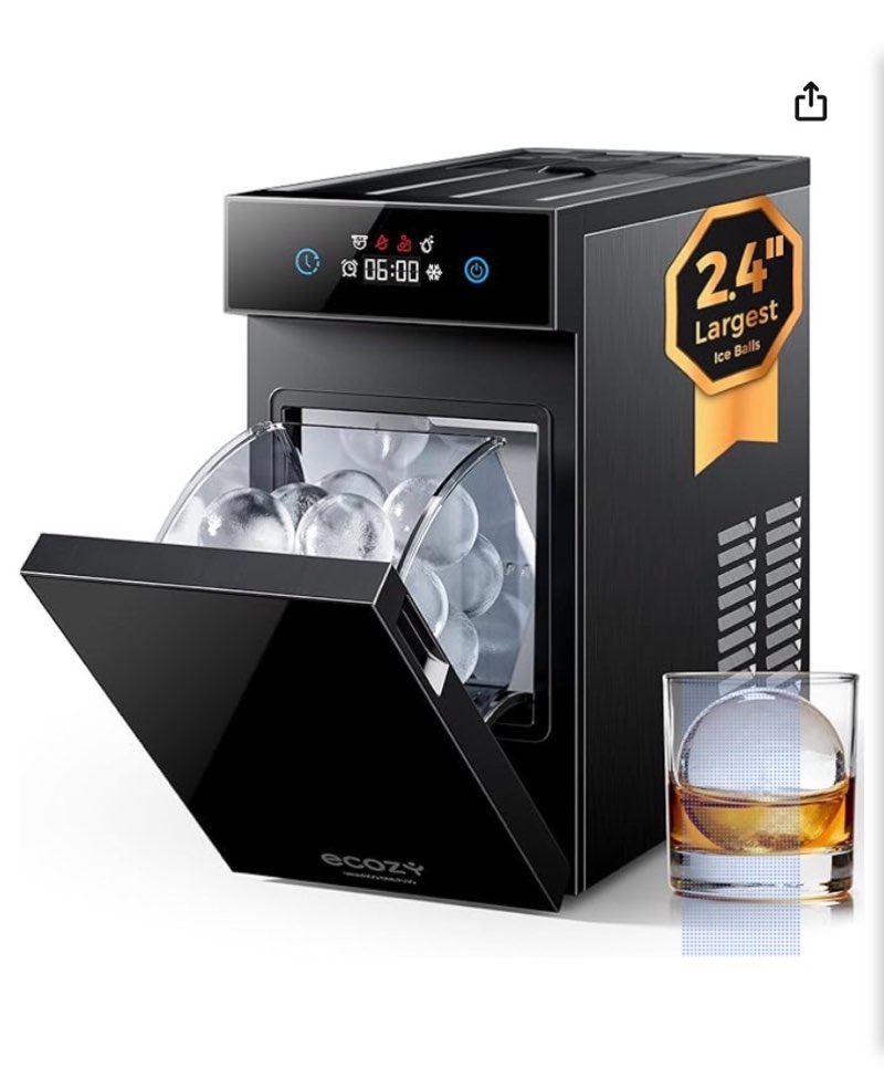 ecozy 2.4\" clear ice ball maker countertop with crystalflux technology, minimal footprint sphere ice maker with 8h timer, 1 pcs in 40 mins, 32 pcs/day, self-cleaning for home bar whiskey & bourbon