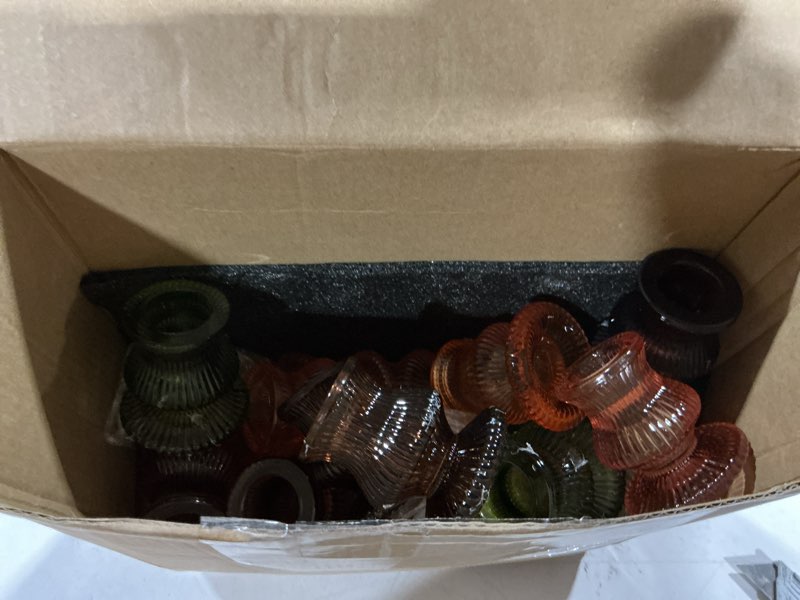 Condition photo showing As Is for 24 pcs glass candlestick holders bulk 2.36" h taper candle holders thick vintage colorful candlesticks set for table centerpiece wedding party birthday dinner table festival decoration