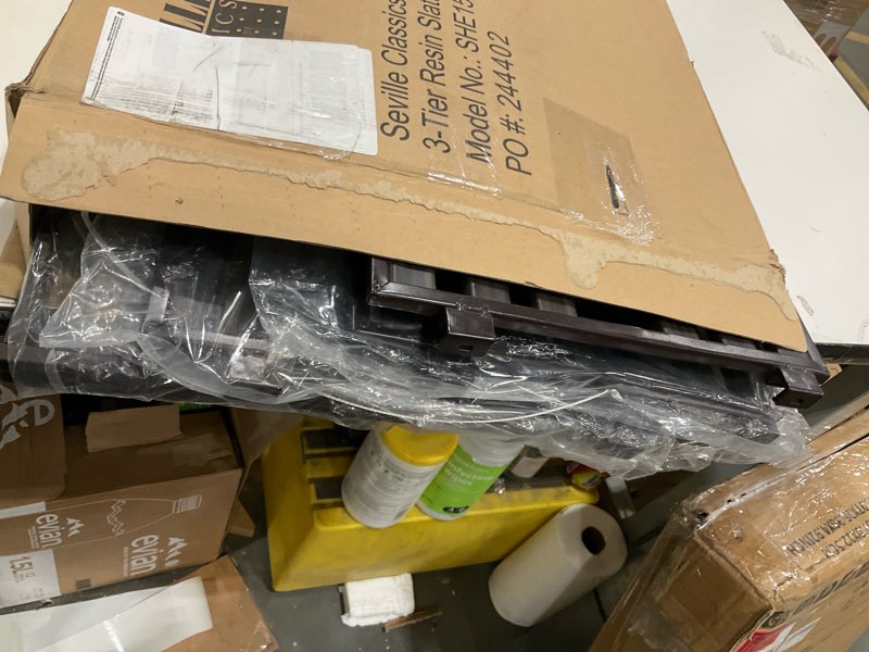 Condition photo showing Good Condition for Seville Classics Sturdy Freestanding Storage Shelf for Bedroom, Closet, Entryway, Dorm Room Organizer Stackable Durable Metal Shoe Rack Espresso Slat, 3-Tier (NEW MODEL) Espresso Slat 3-Tier (NEW MODEL)