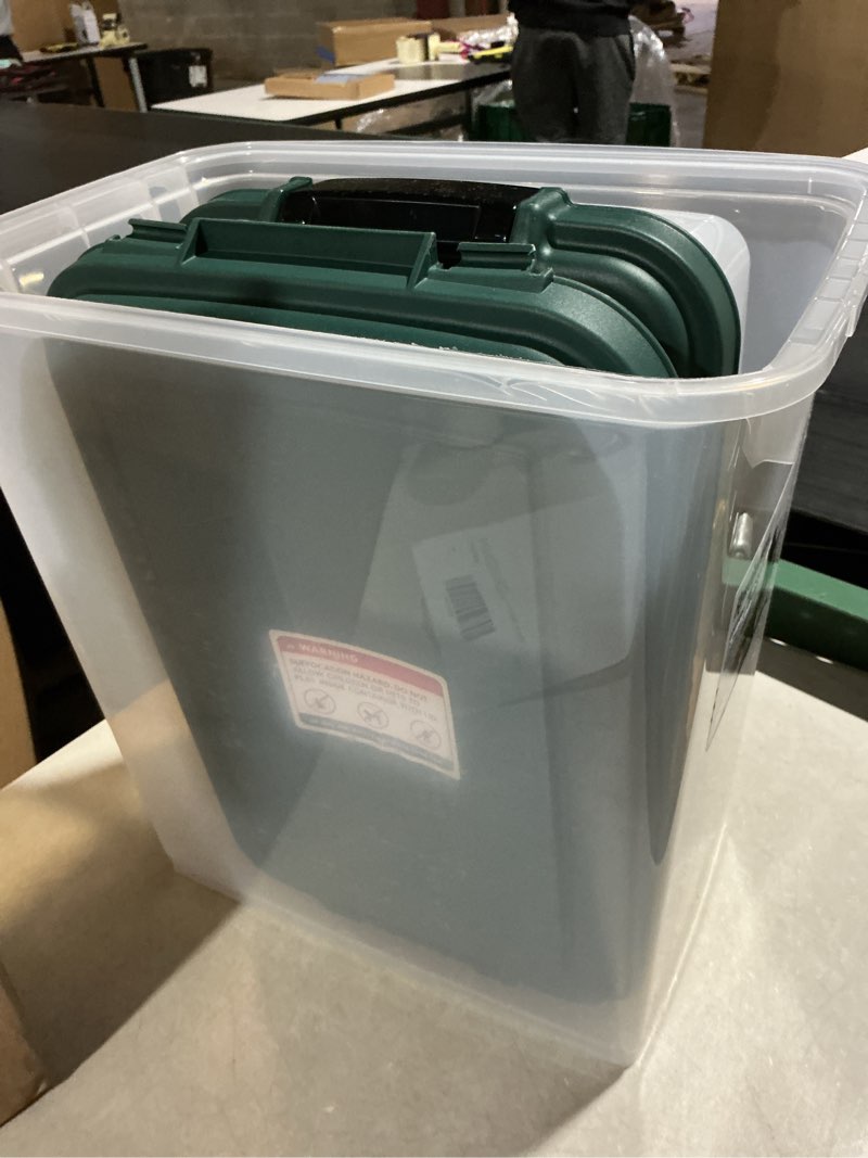Condition photo showing As Is for IRIS USA Remington 2 Piece Clear Plastic Food Storage Container | 30 lbs, 11 lbs | Airtight, Stackable, Wheels | Food Storage, Treat Box | 2-Cup Scoop