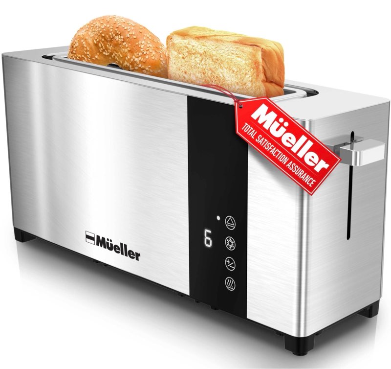 Mueller UltraToast Full Stainless Steel Toaster 2 Slice, Long Extra-Wide Slots with Removable Tray, Cancel/Defrost/Reheat Functions, 6 Browning Level