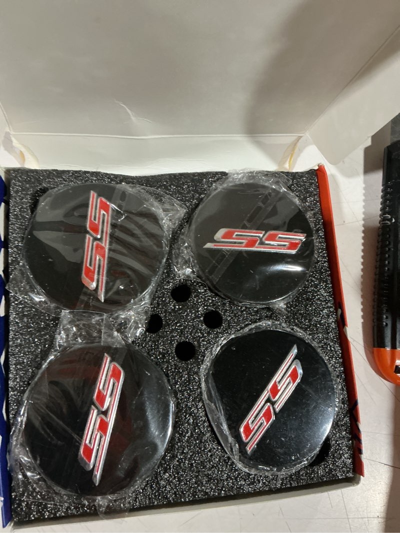 Condition photo showing Good Condition for (set of 4) 68mm=2.67 inches ss wheel center cap covers hub cap emblem badge trim for generation chevrolet camaro 19351758 2016-2025 2.67"(68mm) red ss on gloss black cap