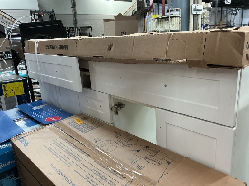 Condition photo showing As Is for j&k white shaker s8 vanity sink combo 48" w x 33" h x 21" d