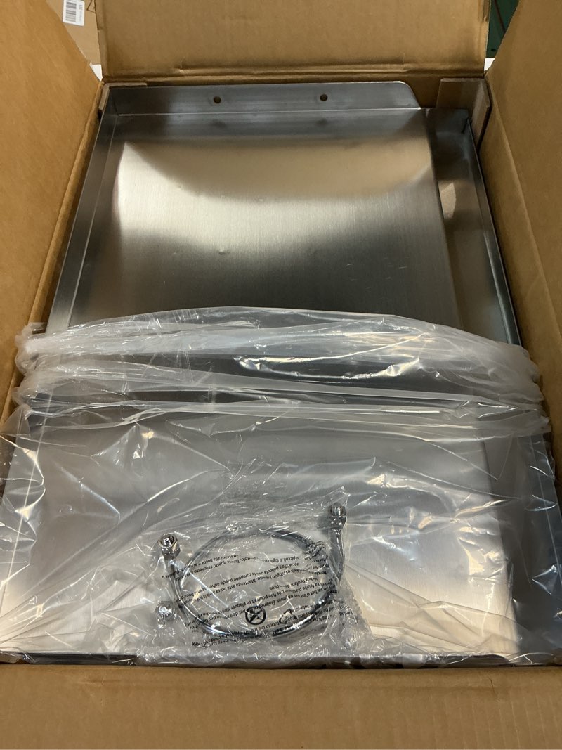 Condition photo showing New/Like New for only fire universal stainless steel cooking griddle, flat top plate insert with grease groove and handles for gas and charcoal grills, tailgating, camping and parties, 23" x 16" 23"w ×16"d