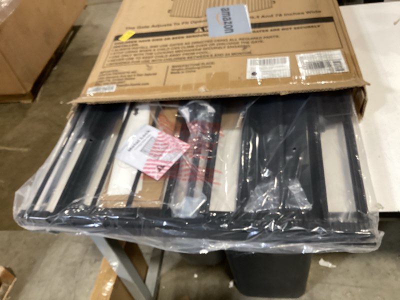 Condition photo showing New/Like New for 29.4-78" extra wide baby gate, long dog gates indoor for doorways stairs, essential large safety gate for child toddler with anti-trip pedal, adjustable pet gate, 28" tall 3 metal panels black
