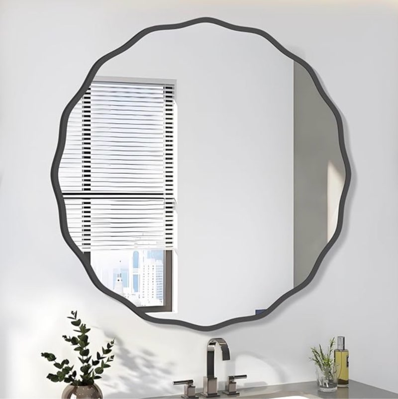 FUWU HOME Black Round Wavy Wall Mirror for Wall Decorative 24 Inch Modern Round Wood Mirror with Wooden Frame Circle Wall Mirror for Bathroom Bedroom Living Room Home Entrance