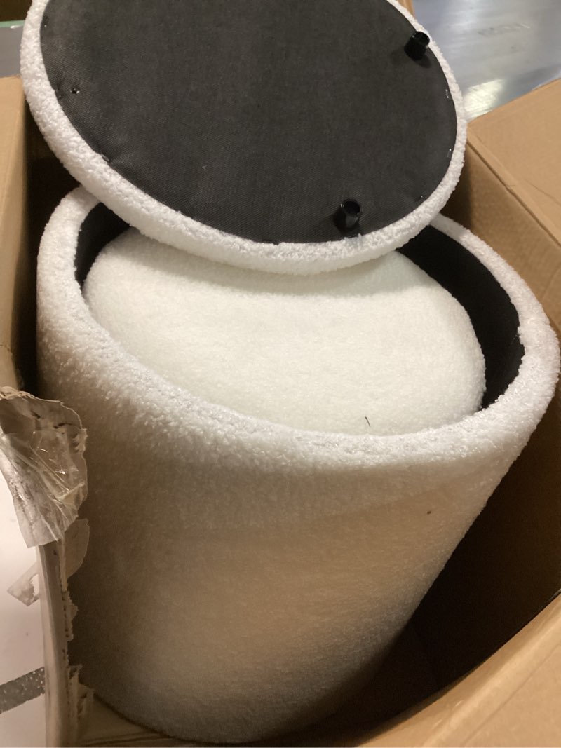 Condition photo showing Good Condition for Round Set of 2 Ottoman with Storage, Boucle Storage Ottoman Foot Stool, Soft Teddy Upholstered Small Vanity Stool, Ottomans Coffee Table Padded Seat Foot Rest for Living Room Bedroom, White White 14.8"D x 14.8"W x 17.3"H
