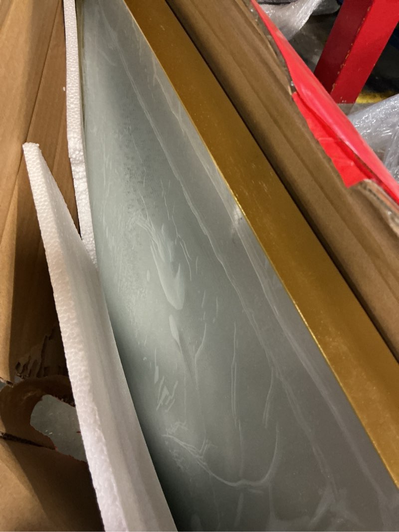 Condition photo showing Good Condition for loaao 48”x32” gold bathroom mirror, rounded rectangle gold frame mirror, brushed gold bathroom vanity mirror wall-mounted, anti-rust, tempered glass, hangs horizontally or vertically gold 48"l x 32"w