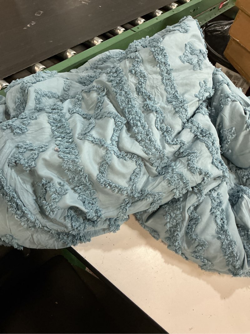 Condition photo showing As Is for bedsure tufted boho comforter set queen size - dusty blue boho bed set, gentlesoft™ 3 pieces farmhouse shabby chic embroidery bedding, gifts for woman, soft jacquard queen comforter for all seasons queen 21 - dusty blue - elegant