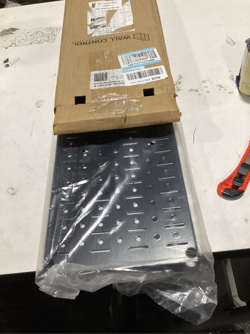 Condition photo showing As Is for wall control narrow pegboard rack 8in x 32in black metal pegboard runner tool board