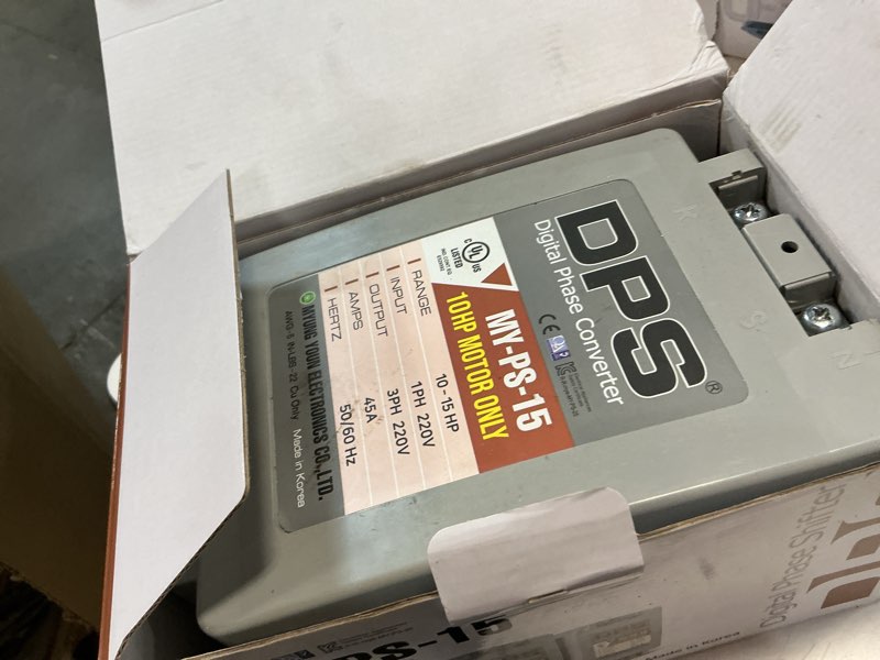 Condition photo showing As Is for dps sinlge phase to 3 phase converter, 15hp, 45a, input/output 200v - 240v my-ps-15 model must be used for 10hp(7.5kw) 30a motor, dps must be used for 1 motor only, ul-listed 15hp / 45a (used for 10hp, 30a motor)