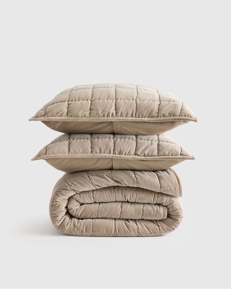 cotton velvet box quilt set, full/queen, beige