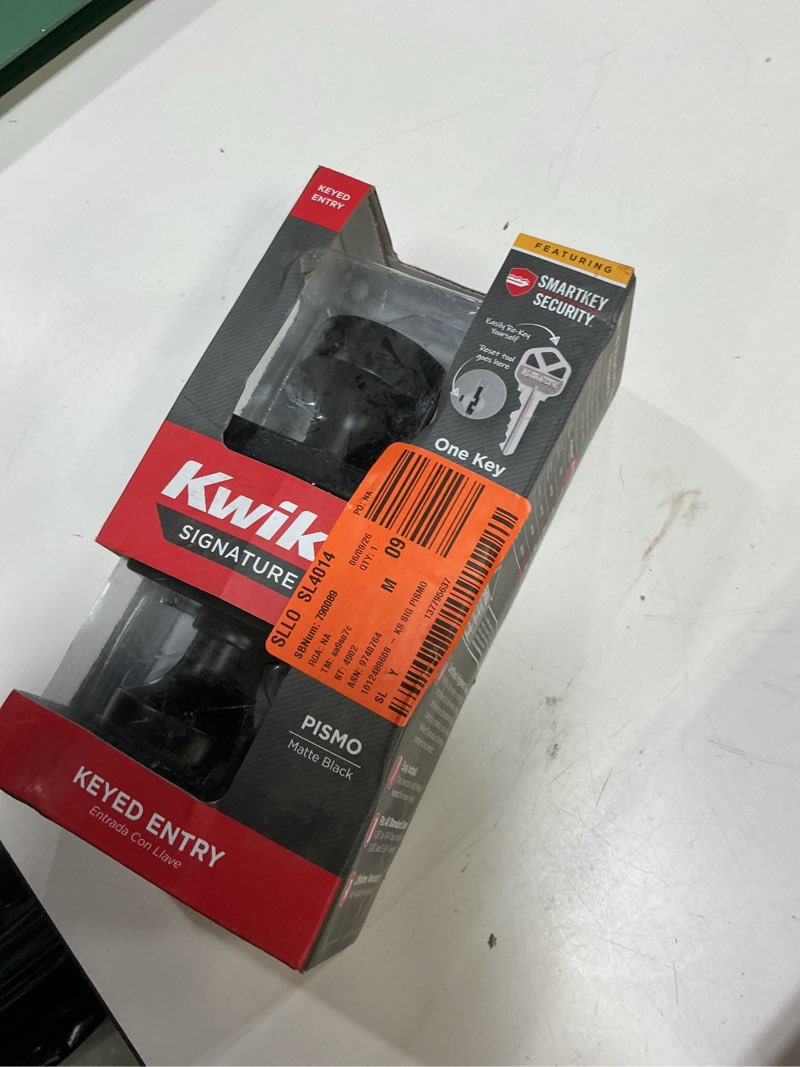 Condition photo showing As Is for pismo matte black keyed entry square door knob featuring smartkey technology