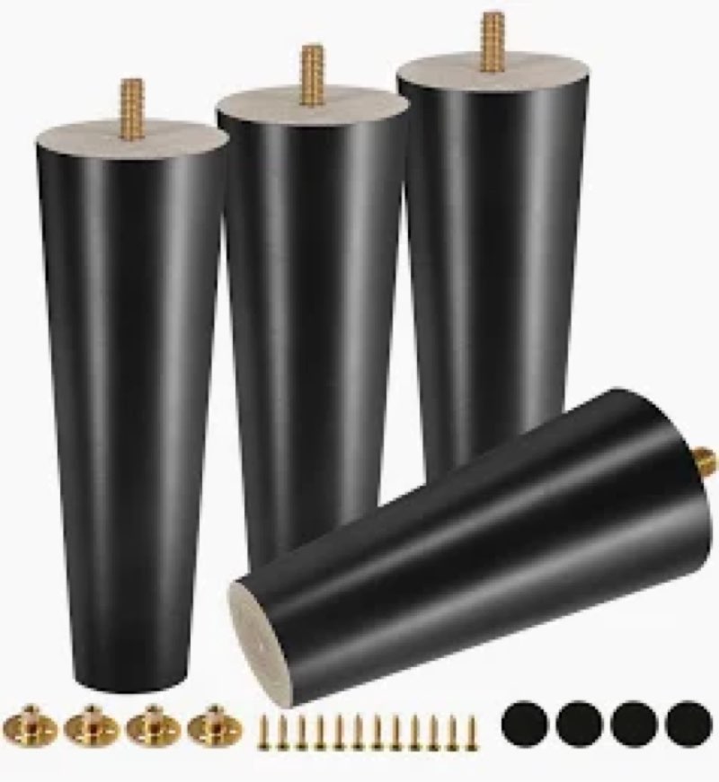 fodau770 black rubber wood furniture legs 5 inches, straight tapered wood feet mid century sofa legs