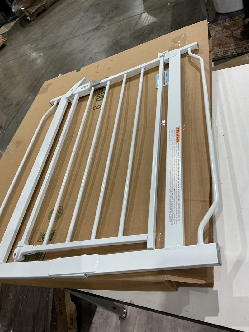 Condition photo showing Good Condition for regalo safety baby gate for doorways & bottom of stairs, pressure mounted baby gate with door for babies, toddlers & pets, tested & safe for 30 years, american designed, american owned, white